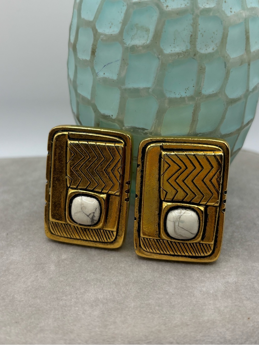 Laurel Burch Gold-Tone Rectangular Earrings with White Stone